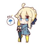  ahoge artoria_pendragon_(all) blonde_hair blue_eyes boots chibi fate/stay_night fate_(series) full_body highres looking_at_viewer nuu_(nu-nyu) raincoat rubber_boots saber smile solo spoken_object standing translation_request umbrella 