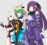  atalanta_(fate) breasts cleavage cleavage_cutout commentary fate/grand_order fate_(series) jeanne_d'arc_(alter_swimsuit_berserker) jeanne_d'arc_(fate)_(all) long_hair michihasu multiple_girls navel odd_one_out scathach_(fate)_(all) scathach_skadi_(fate/grand_order) thighhighs 