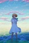  :d ^_^ arms_behind_back bare_legs bird blue_sailor_collar blue_sky brown_hair closed_eyes cloud commentary_request day dress facing_viewer fake_halo fake_wings hair_over_one_eye hiko_(scape) horizon neckerchief ocean open_mouth original outdoors sailor_collar sailor_dress short_hair short_sleeves sky smile solo sunlight wading water white_dress white_neckwear wings 