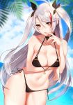  absurdres alternate_costume arm_support arm_under_breasts arm_up azur_lane bangs bare_shoulders bikini bikini_tug black_bikini black_choker blurry blurry_background blush breasts brown_eyes cameltoe choker cleavage collarbone cowboy_shot cross cross_earrings curvy day earrings eyebrows_visible_through_hair eyes_visible_through_hair finger_to_mouth groin hair_between_eyes head_tilt highres jewelry large_breasts leaning_forward light_particles long_hair looking_at_viewer mole mole_on_breast multicolored_hair navel ocean outdoors paid_reward palm_leaf patreon_reward prinz_eugen_(azur_lane) red_hair side-tie_bikini silver_hair skindentation solo sparkle stomach streaked_hair swimsuit thighs third-party_edit tofuubear two_side_up very_long_hair 