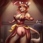  anthro big_breasts bovine breasts cattle changeling_tale cleavage clothed clothing deep_cleavage dress eyelashes feathers female flower hair headband horn looking_at_viewer mammal marion_(changeling_tale) plant red_hair smile solo teats udders vashaa 