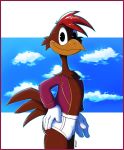  avian bird briefs bulge chicken clothed clothing hand_on_hip jacket kcee legend_of_the_three_caballeros open_jacket panchito_pistoles partially_clothed sky standing the_three_caballeros tighty_whities underwear 