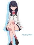  black_hair blue_eyes copyright_name crossed_legs domo1220 loafers long_hair looking_at_viewer pleated_skirt red_legwear shoes simple_background sitting skirt socks solo ssss.gridman takarada_rikka 