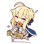  ahoge armored_skirt artoria_pendragon_(all) blonde_hair cape chibi closed_eyes doughnut eyebrows_visible_through_hair fate/stay_night fate_(series) food food_in_mouth full_body gauntlets highres musical_note nuu_(nu-nyu) pastry_box saber solo walking 