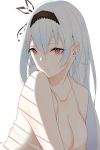  absurdres bra breasts cleavage girls_frontline hair_ornament hairband highres long_hair looking_at_viewer medium_breasts nue0 red_eyes silver_hair simple_background solo thunder_(girls_frontline) underwear upper_body white_background white_bra 