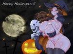  1girl areola_slip areolae bare_shoulders bottomless breasts cleavage collarbone halloween hat highres hips huge_breasts legs long_hair no_panties paradise_lost pumpkin shiny shiny_skin skeleton smile solo_focus tongue tongue_out wide_hips witch_hat womb_tattoo 