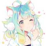  ;) ahoge animal_ear_fluff animal_ears aqua_hair bangs blue_eyes blush camisole cat_ears closed_mouth collarbone eyebrows_visible_through_hair hair_ornament hand_up head_tilt highres hood hood_down hooded_jacket jacket long_hair long_sleeves looking_at_viewer mao_ge multicolored multicolored_eyes one_eye_closed open_clothes open_jacket original paw_hair_ornament pink_eyes purple_camisole simple_background smile solo white_background white_jacket 