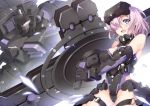  armor armored_dress black_armor black_gloves black_leotard breasts cleavage commentary_request fate/grand_order fate_(series) gloves holding_shield jie_laite large_breasts leg_armor leotard looking_at_viewer mash_kyrielight mecha ortenaus pink_hair purple_eyes robot shield short_hair shoulder_armor visor_lift vr_visor 