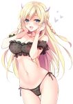  areolae azur_lane bangs black_bra black_panties blonde_hair blue_eyes blue_nails blush bra braid breasts commentary_request covered_nipples cowboy_shot eyebrows_visible_through_hair flying_heart groin heart highres horns ikura_nagisa kongou_(azur_lane) large_breasts lingerie long_hair looking_at_viewer nail_polish navel nipples panties see-through side-tie_panties sidelocks simple_background skindentation smile solo stomach underwear white_background 