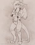  angel_dragon anthro barefoot biped casey_(artist) clothed clothing crossed_arms dragon eyewear feathers fully_clothed fur glasses hair horn male monochrome pants shirt signature simple_background solo source_request standing torn_clothing twixxel_minty url wings 
