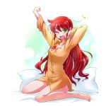  ;o alternate_hairstyle bed blush green_eyes highres iesupa kneeling long_hair one_eye_closed open_mouth pillow pyrrha_nikos red_hair rwby sleepy solo stretch stretched_limb waking_up yawning 