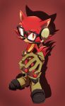  animal_ears avatar_(sonic_forces) belt boots fang glasses gloves headset highres orange_eyes red_background rushia_(retreat) sash shadow solo sonic_forces sonic_the_hedgehog tail utility_belt wolf wolf_ears wolf_tail 
