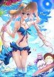  arm_strap bikini blue_bikini blue_eyes blue_sky blush breasts character_name character_request cleavage cloud collarbone fate/grand_order fate_(series) floating_hair front-tie_bikini front-tie_top hat hat_ribbon hm_(wonhml) jewelry long_hair marie_antoinette_(fate/grand_order) marie_antoinette_(swimsuit_caster)_(fate) medium_breasts multiple_girls navel necklace open_mouth ribbon shiny shiny_hair silver_hair sky smile standing straw_hat striped striped_ribbon sun_hat sunlight swimsuit very_long_hair wading 