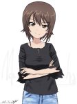  artist_name bangs black_shirt blue_pants brown_eyes brown_hair bukkuri casual character_name closed_mouth commentary dated denim eyebrows_visible_through_hair girls_und_panzer head_tilt jeans long_sleeves looking_at_viewer nishizumi_maho pants shirt short_hair signature simple_background smile solo standing upper_body white_background 