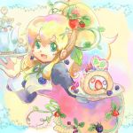  blonde_hair breasts commentary_request dinef dress food fruit green_eyes high_ponytail holding long_hair open_mouth rockman rockman_(classic) roll smile solo standing strawberry teapot 
