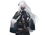  ak-12 ak-12_(girls_frontline) assault_rifle bag bangs belt black_gloves bow braid capelet cero_(last2stage) cowboy_shot face_mask girls_frontline gloves gun hair_bow highres holding holding_knife holding_weapon knife long_hair long_sleeves looking_at_viewer mask military military_uniform partly_fingerless_gloves red_eyes rifle silver_hair simple_background solo standing uniform walkie-talkie weapon white_background 