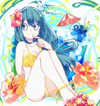  arm_behind_back asui_tsuyu bikini boku_no_hero_academia breasts cleavage collarbone commentary_request cup drinking_glass drinking_straw english flower green_eyes green_hair hair_flower hair_ornament hair_rings long_hair looking_at_viewer low-tied_long_hair otojirou sitting solo swimsuit yellow_bikini 