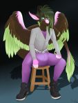  angel_dragon anthro belt biped black_background clothed clothing diaper dragon eyewear feathers footwear fully_clothed fur glasses hair hindy-poo horn looking_at_viewer male pants shirt shoes signature simple_background sitting solo source_request stool twixxel_minty wings 
