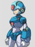  adapted_costume android blue_helmet cowboy_shot gloves green_eyes grey_background helmet male_focus robot rockman rockman_x simple_background sketch solo white_gloves x_(rockman) yuusuke_(5yusuke3) 