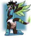  angel_dragon anthro biped clothed clothing diaper dragon embarrassed eyebrows eyewear feathers feces fully_clothed fur glasses hair horn keeling legwear looking_back male messy_diaper rear_view scat shirt simple_background socks soiling source_request twixxel_minty unknown_artist wings 