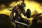  armor buckler byneet commentary_request dark_souls_iii full_armor goblin_slayer goblin_slayer! helmet holding holding_sword holding_weapon parody partial_commentary plume shield solo souls_(from_software) sword weapon 