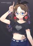  artist_name blue_eyes blush breasts brown_hair closed_mouth collarbone copyright_name crop_top denim denim_shorts earrings eyebrows_visible_through_hair glasses hairband heart heart_earrings highres index_finger_raised jewelry klasse14 long_hair looking_at_viewer medium_breasts midriff navel original shoonia short_sleeves shorts smile solo tattoo upper_body watch wristwatch 