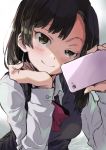 bangs black_hair blush brown_eyes cellphone chin_rest commentary holding holding_cellphone holding_phone io_naomichi long_hair long_sleeves looking_at_viewer neckerchief original phone school_uniform smartphone smile smirk smug solo uneven_eyes vest 