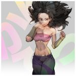  abs bare_shoulders black_eyes black_hair bracer breasts caulifla collarbone dragon_ball dragon_ball_super hand_up long_hair midriff navel simple_background smile solo standing strapless supobi tubetop 