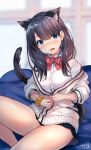  animal_ear_fluff animal_ears artist_name black_hair blue_eyes blurry blurry_background blush bow bowtie cardigan cat_ears cat_tail eyebrows_visible_through_hair flying_sweatdrops highres kemonomimi_mode legs long_hair looking_at_viewer open_mouth red_neckwear scrunchie shirt signature sitting solo ssss.gridman tail takarada_rikka usagihime white_cardigan white_shirt wrist_scrunchie 