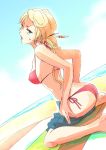  beach blonde_hair blue_eyes breasts chimaki_(impressiveanarchy) commentary_request day earrings jewelry long_hair looking_at_viewer medium_breasts midriff myriam_(saga) open_mouth romancing_saga romancing_saga_minstrel_song saga sideboob solo swimsuit undressing 