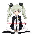  anchovy anzio_school_uniform arm_support bangs belt black_belt black_cape black_footwear black_neckwear black_ribbon black_skirt blush cape character_name closed_mouth commentary cursive dress_shirt drill_hair eyebrows_visible_through_hair full_body girls_und_panzer green_hair hair_ribbon happy_birthday indian_style italian kayabakoro loafers long_hair long_sleeves looking_at_viewer miniskirt necktie pantyhose pleated_skirt red_eyes ribbon riding_crop school_uniform shirt shoes simple_background sitting skirt smile solo twin_drills twintails white_background white_legwear white_shirt 