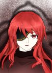  bangs black_eyepatch expressionless eyebrows_visible_through_hair eyepatch highres hwa_ryun kitsuzi_haruko long_hair looking_at_viewer pale_skin red_eyes red_hair simple_background solo tower_of_god turtleneck upper_body 