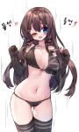  ;d ass_visible_through_thighs bangs bare_shoulders bikini black_ribbon blue_eyes blush bouncing_breasts breasts breasts_apart brown_bikini brown_gloves brown_hair collarbone elbow_gloves eyebrows_visible_through_hair gloves grey_legwear hair_between_eyes hair_ribbon hands_up head_tilt heart highres korean large_breasts long_hair looking_at_viewer motion_lines navel one_eye_closed open_mouth original ribbon simple_background smile solo swimsuit tandohark thighhighs unaligned_breasts very_long_hair white_background 