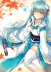  blush fate/grand_order fate_(series) from_above green_hair highres hinot horns japanese_clothes kiyohime_(fate/grand_order) long_hair looking_at_viewer looking_up sitting smile solo thighhighs white_legwear yellow_eyes 