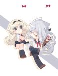  2girls ak-12_(girls_frontline) an-94_(girls_frontline) animal_ears blonde_hair braid chibi chinese_commentary closed_eyes commentary_request cui_pi_cha_tu dog_ears food french_braid girls_frontline gloves highres holding_hands ice_cream ice_cream_cone long_hair multiple_girls school_uniform serafuku shoes silver_hair socks thighhighs 