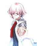  black-framed_eyewear black_shirt closed_eyes fate/grand_order fate_(series) glasses grin hair_over_one_eye holding_hands hood hood_down hooded_jacket jacket mash_kyrielight necktie open_clothes open_jacket pink_hair red_neckwear sen_(77nuvola) shirt short_hair smile 