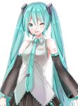  ;d aqua_eyes aqua_hair aqua_neckwear arms_at_sides bangs bare_shoulders black_skirt blush breasts clothes_writing collared_shirt commentary_request copyright_name cowboy_shot detached_sleeves eyebrows_visible_through_hair grey_shirt hair_between_eyes hair_ornament hatsune_miku headset long_hair long_sleeves looking_at_viewer medium_breasts necktie one_eye_closed open_mouth pleated_skirt round_teeth see-through shiny shiny_hair shirt simple_background skirt smile solo teeth tsukiringo twintails upper_body very_long_hair vocaloid white_background wing_collar 