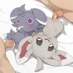  2girls bed_sheet bestiality black_sclera blush covering_mouth creatures_(company) cum cum_in_pussy dark_skin dark_skinned_male ejaculation erection espurr full_body game_freak gen_5_pokemon gen_6_pokemon hand_up hetero highres interspecies lying male_pubic_hair minccino multiple_boys multiple_girls navel nintendo on_back on_side open_mouth orgasm penis pokemon pokemon_(creature) pubic_hair purple_eyes purple_sclera pussy pussy_juice sex smile spread_legs sweat testicles uncensored vaginal veins veiny_penis white_background white_eyes youjomodoki 