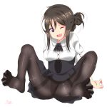  1girl ashigara_(kantai_collection) feet long_hair looking_at_viewer one_eye_closed open_mouth panties panties_under_pantyhose pantyhose ponytail purple_eyes soles toes underwear wink 