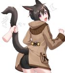  1girl animal_ears ass bangs bike_shorts black_hair black_shorts blush brown_coat cat_ears cat_girl cat_tail coat commentary_request disembodied_limb eyebrows_visible_through_hair fang final_fantasy final_fantasy_xiv fingernails hair_between_eyes hand_up head_tilt highres hood hood_down hooded_coat long_sleeves looking_at_viewer looking_back miqo'te open_mouth purple_eyes sakura_chiyo_(konachi000) short_shorts shorts solo_focus sweat tail tail_grab tail_raised twitter_username white_background wide_sleeves 