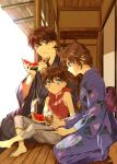  2boys barefoot blue_eyes bow braid braided_ponytail brown_hair cup drinking_glass edogawa_conan eyebrows_visible_through_hair food food_on_face fruit hair_between_eyes hair_over_shoulder holding holding_food japanese_clothes kimono kudou_shin'ichi long_hair meitantei_conan mouri_ran multiple_boys purple_bow purple_kimono red_cardigan ro-a side_braid sitting smile striped striped_kimono watermelon 