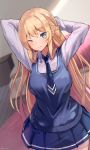  ;) arms_behind_head arms_up azur_lane bed blonde_hair blue_eyes blue_neckwear blue_skirt blue_vest blurry blurry_background blush braid breasts carpet closed_mouth collared_shirt commentary_request cowboy_shot depth_of_field dutch_angle eyebrows_visible_through_hair french_braid glorious_(azur_lane) hairdressing highres indoors large_breasts long_hair long_sleeves miniskirt necktie one_eye_closed pleated_skirt shirt skirt smile solo straight_hair twitter_username v-shaped_eyebrows very_long_hair vest white_legwear wing_collar yu_ni_t 