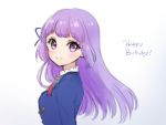  aikatsu! aikatsu!_(series) blue_jacket blush breasts closed_mouth commentary_request gradient gradient_background grey_background hair_ribbon happy_birthday hikami_sumire jacket long_hair looking_at_viewer looking_to_the_side nuno_(pppompon) purple_eyes purple_hair purple_ribbon ribbon small_breasts smile solo starlight_academy_uniform upper_body very_long_hair white_background 