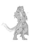  2016 4_ears anthro armor belt charr claws clothed clothing dagos digital_media_(artwork) digitigrade fangs feline fur greyscale guild_wars hi_res horn jewelry long_fangs looking_at_viewer male mammal monochrome multi_ear necklace simple_background smile smirk solo standing toe_claws video_games 