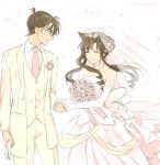  1girl blue_eyes bridal_veil brown_hair closed_eyes collarbone couple dress elbow_gloves floating_hair gloves grin holding holding_jacket jacket jewelry kudou_shin'ichi long_hair meitantei_conan mouri_ran necklace pants pink_neckwear ro-a shirt sleeveless sleeveless_dress smile standing striped striped_dress veil wedding wedding_dress white_dress white_gloves white_pants white_shirt 