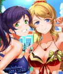  alternate_hairstyle apple_hair_ornament ayase_eli bikini blonde_hair blue_bikini blue_eyes blush bow breasts cleavage collarbone dated day eyebrows_visible_through_hair food_themed_hair_ornament front-tie_bikini front-tie_top green_eyes grin hair_ornament hair_scrunchie hairclip halterneck hand_on_another's_shoulder hand_on_another's_stomach happy_birthday jewelry jyon large_breasts looking_at_viewer looking_back love_live! love_live!_school_idol_project multiple_girls outdoors pendant playing_with_own_hair ponytail purple_hair red_bikini red_scrunchie scrunchie sidelocks smile swimsuit toujou_nozomi upper_body 