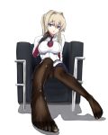 1girl blonde_hair blue_eyes breasts feet graf_zeppelin_(kantai_collection) kantai_collection large_breasts long_hair looking_at_viewer no_shoes open_mouth panties panties_under_pantyhose pantyhose pantyshot ponytail pov pov_feet sitting solo toes underwear 