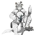  2015 5_fingers abs anthro bdsm blue_eyes charr claws dagos digital_media_(artwork) dildo dominatrix fangs feline first_person_view flogger front_view fur grey_pawpads grey_stripes guild_wars hand_on_hip harness hi_res hindpaw horn leash looking_at_viewer low-angle_view maara male mammal multi_ear muscular muscular_male navel nude pawpads paws pose sex_toy simple_background solo strapon striped_fur stripes submissive submissive_pov teeth toe_claws video_games white_background white_fur 