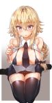  arm_support bare_shoulders bikini bikini_under_clothes black_legwear black_neckwear black_shorts blonde_hair blouse blue_eyes blush braid breasts commentary covered_nipples eyebrows_visible_through_hair fate/apocrypha fate_(series) gradient gradient_background hair_ribbon highres jeanne_d'arc_(fate) jeanne_d'arc_(fate)_(all) large_breasts lhu_(barappra1) long_braid long_hair looking_at_viewer micro_bikini open_blouse open_clothes ribbon seiza shiny shiny_skin shirt shorts sidelocks single_braid sitting skindentation sleeveless sleeveless_shirt solo swimsuit thighhighs thighs tress_ribbon very_long_hair white_shirt 