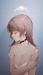  breasts brown_hair choker cleavage closed_eyes cloud commentary facial_mark facing_away kyuri_tizu long_hair medium_breasts original simple_background solo strap_slip upper_body 